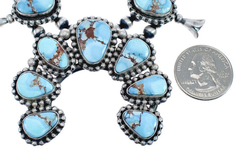 Navajo Genuine Sterling Silver Golden Hill Turquoise Squash Blossom Necklace Set JX127021